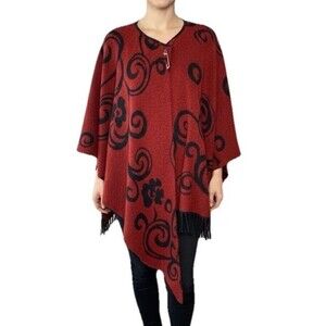 Womens Wool Blend Poncho Red Black Floral Reversible Ruana Cape Tassel Fringe OS